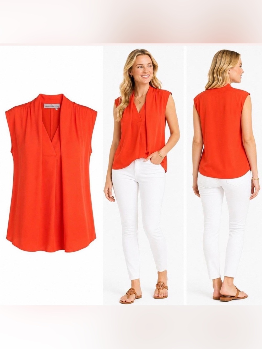 Amanda Uprichard 100% Silk Coral Orange V Neck Sleeveless Blouse Top S